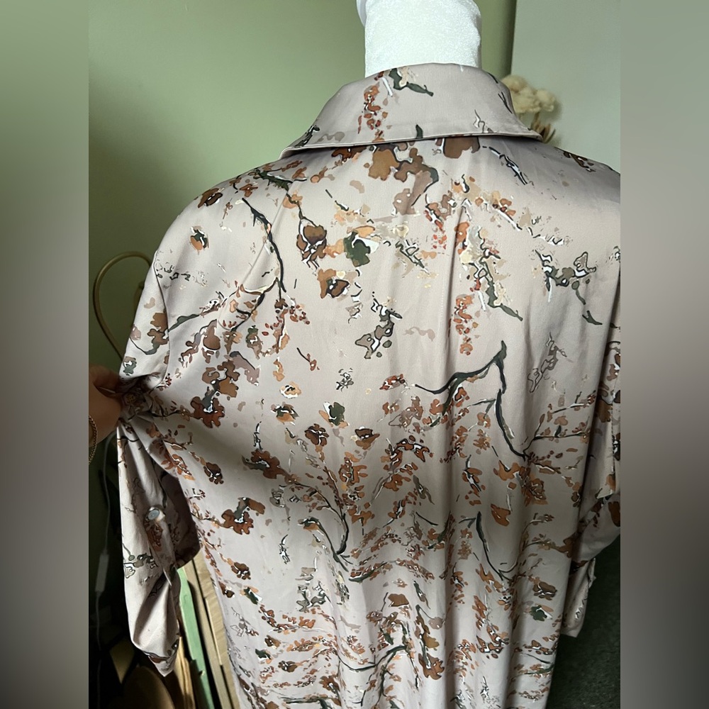 Autumnal Print Modest Maxi Button Down Relaxed Fit Long-Sleeve Satin Dress Sz XL - Picture 11 of 16